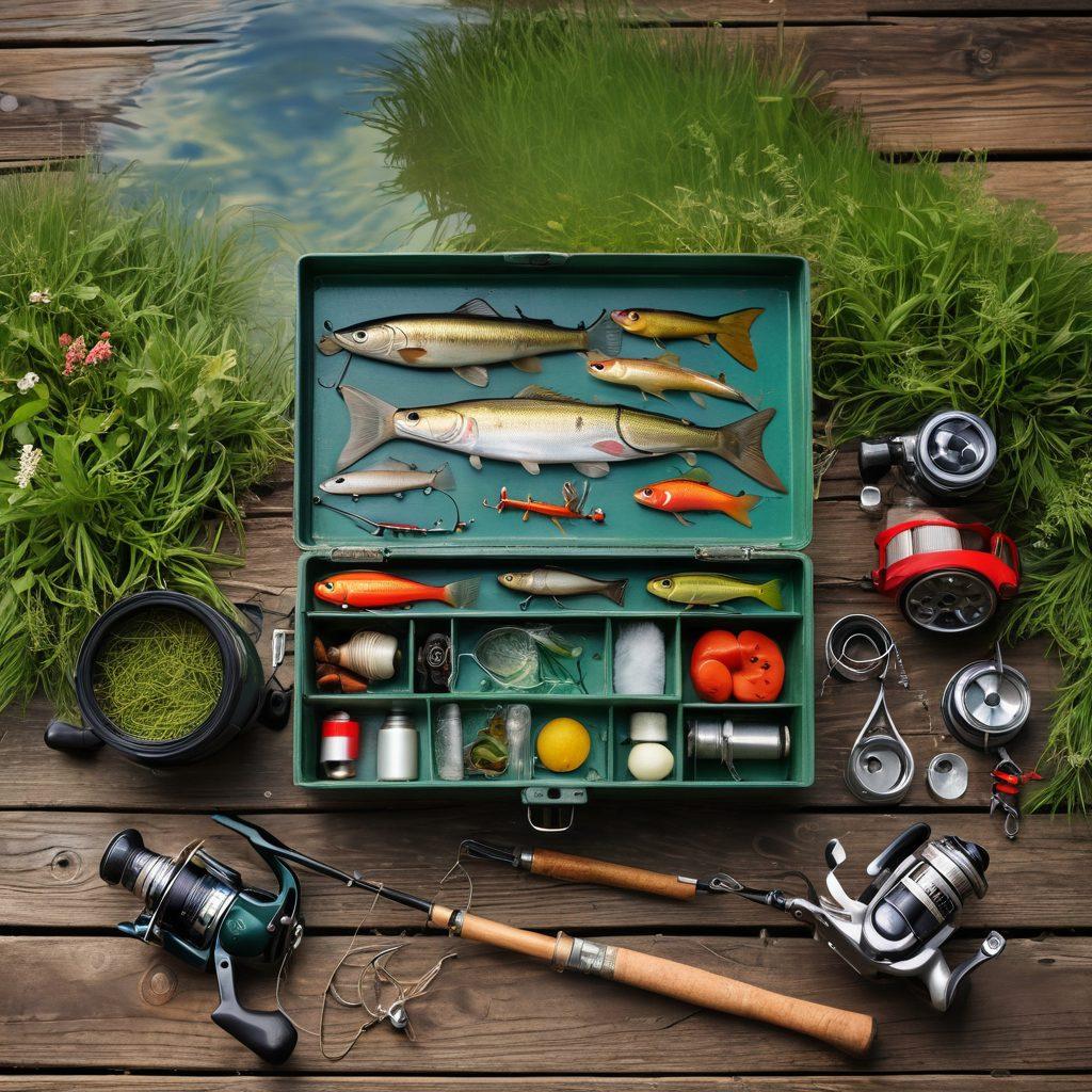 A detailed flat lay of essential fishing tools including a spinning reel, fishing rods, tackle box, and assorted lures artistically arranged on a wooden dock with a serene lake in the background. Natural lighting enhances the textures of the tools, evoking an outdoor adventure vibe. Incorporate hints of lush vegetation around the edges to immerse the viewer in nature. super-realistic. vibrant colors. soft focus.