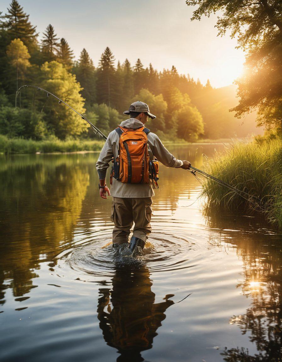 A dynamic scene of an enthusiastic angler in a stylish fishing outfit, casting a line from a picturesque lake surrounded by nature. The angler's gear is vibrant and modern, showcasing a variety of fishing tools and a tackle box. The sun is setting, reflecting golden hues on the water surface. Nearby, a majestic fish splashes as it takes the bait. Capture the essence of adventure and stylish functionality in fishing. super-realistic. vibrant colors. nature background.