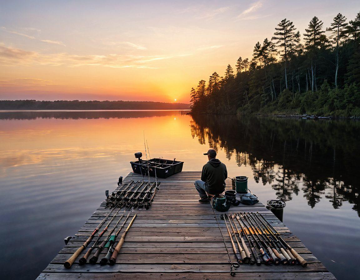 A scenic lakeside view at sunrise, featuring an assortment of fishing rods and reels neatly arranged on a wooden dock. In the foreground, essential fishing accessories like tackle boxes, lures, and a fishing net are artistically placed. A silhouette of a fisherman casting a line in the background adds depth to the scene. The atmosphere is serene and inviting, evoking a sense of adventure and excitement for anglers. light pastel colors. super-realistic.